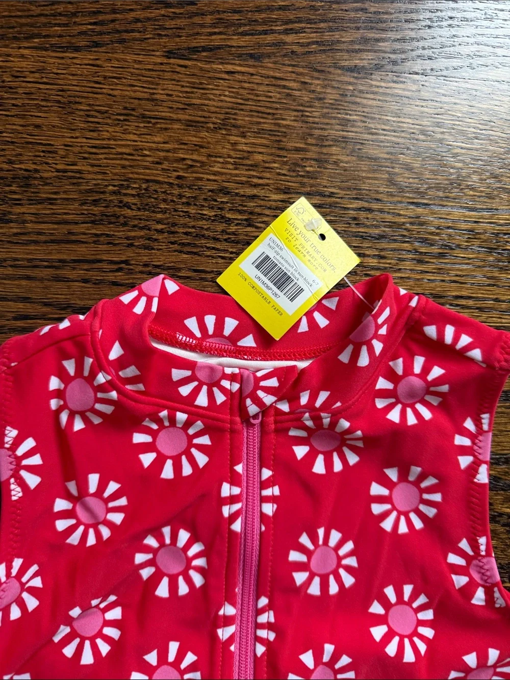 NWT Primary Girls Pink Red Sun Zip Swim one piece and drawstring trunks size 6/7